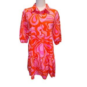 Olivaceous Womens Pink Orange Psychedelic Floral Cotton Tiered Mini Dress Large